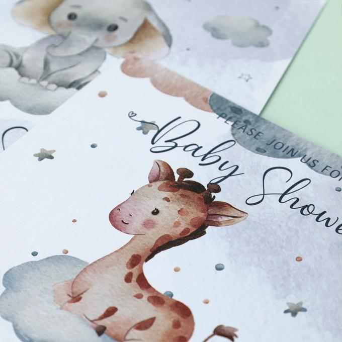Gepersonaliseerde grootte Cartoon Geslacht onthullen feestkaarten en enveloppen Baby douche uitnodigingen 5